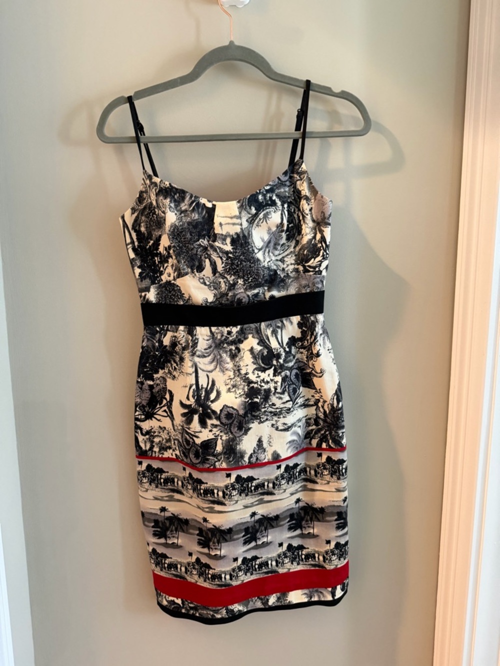 Black Halo Black, White & Red Printed Spaghetti-Strap Mini Dress